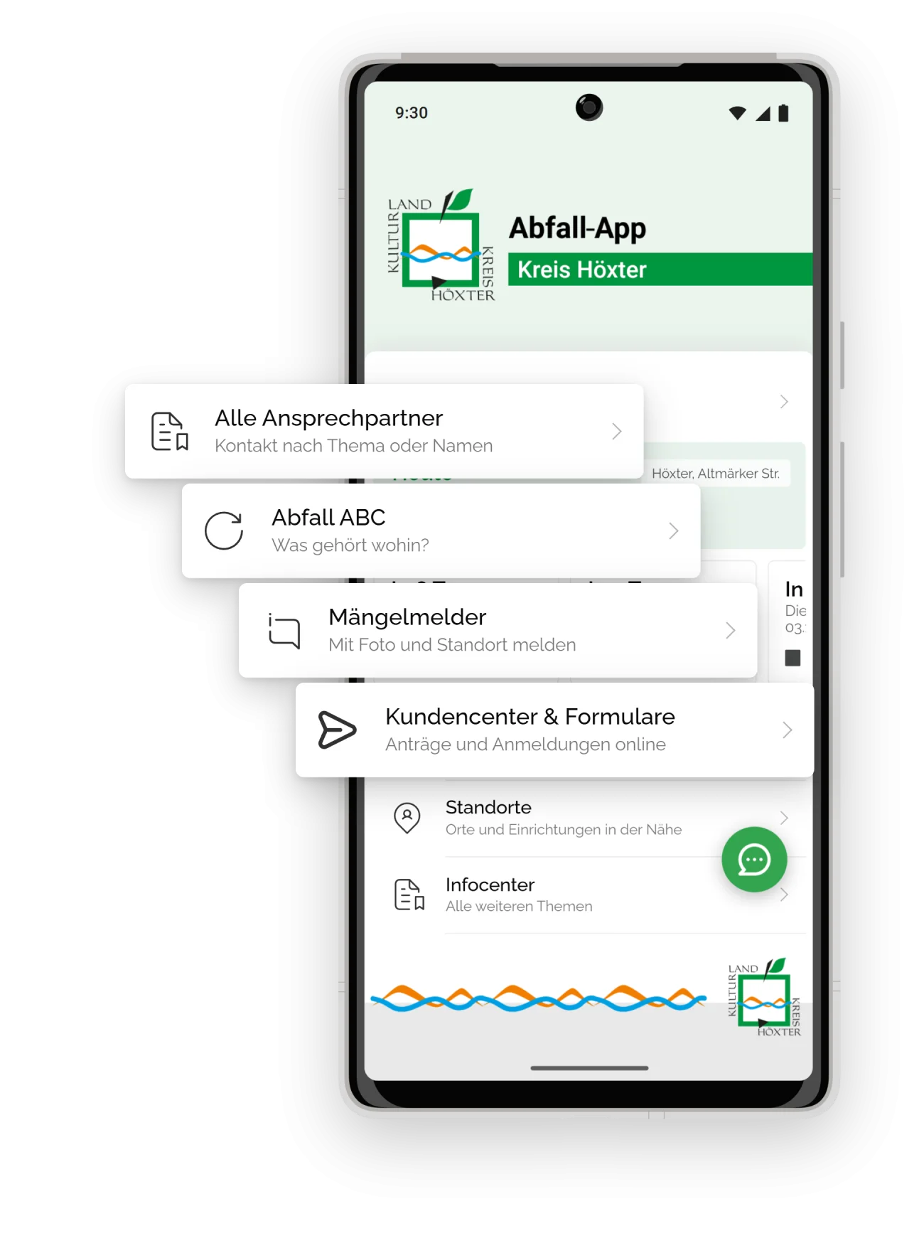 Abfall-App des Kreises Höxter mit herausgestellten Modulen: Ansprechpartner, Abfall-ABC, Mängelmelder sowie Kundencenter und Formulare